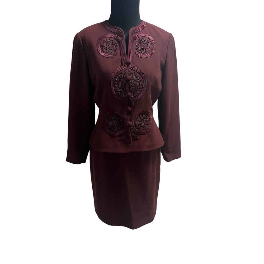 Vintage Adrianna Papell Skirt & Top Set Skirt Suit Embroidered Burgundy SZ 4P